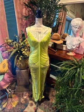 DRESS DECODE Neon Lime Fringe Bodysuit Slip Dress Size XS